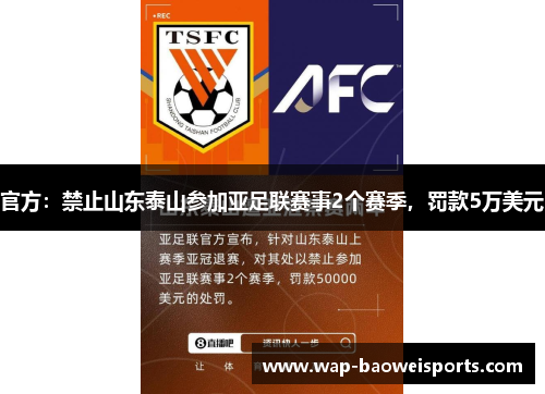 官方：禁止山东泰山参加亚足联赛事2个赛季，罚款5万美元